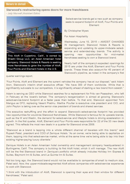 Asian Hospitality Starwood Restructuring